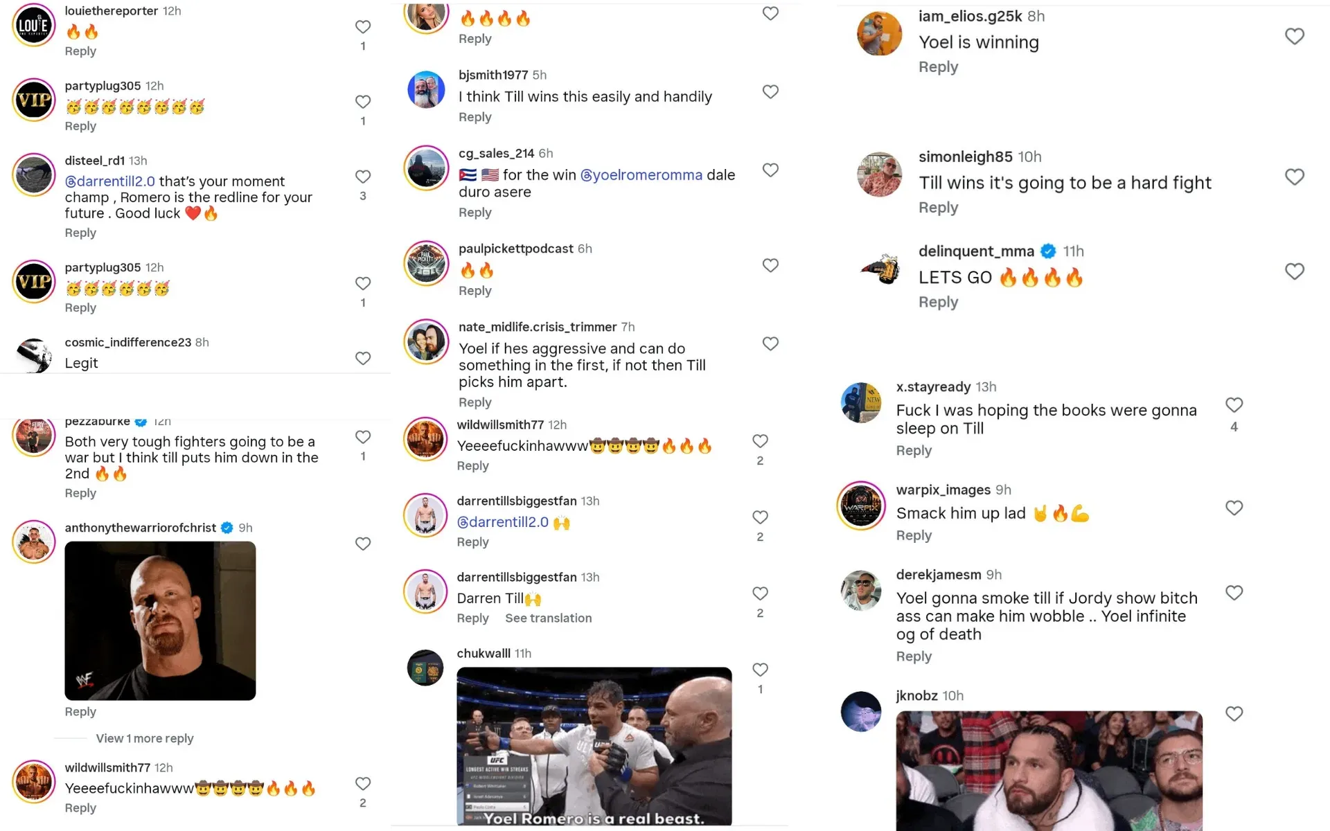 Screengrabs of fan reactions to Darren Till vs Yoel Romero BKFC odds